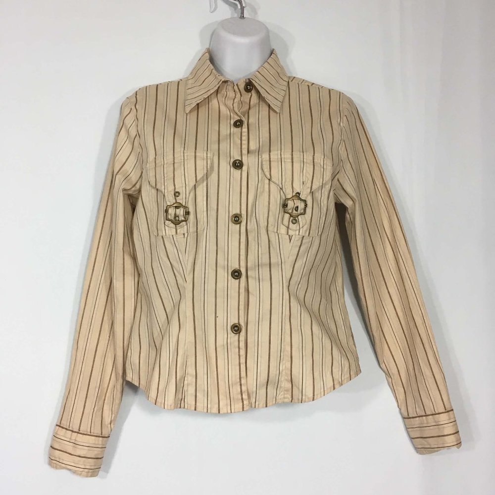 Miss Cherry Cream Tan Striped Womens Blouse Top M